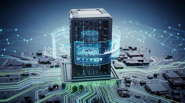 Futuristic render depicts a server tower within a glowing circuit board, with projected data interfaces