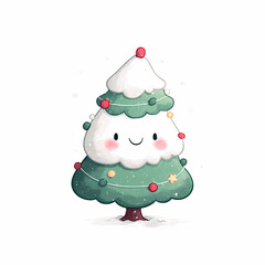 Delightful Watercolor Christmas Tree adorned with string lights and cute ornaments brings a heartwarming holiday spirit Cute facial expression!