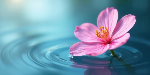 Delicate pink blossom gently floats upon serenely rippling, cool blue liquid, creating a tranquil and serene aquatic scene