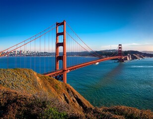 Naklejka premium Golden Gate Bridge Views: A Captivating Perspective from Marin Headlands, San Francisco with Bright Blue Skies