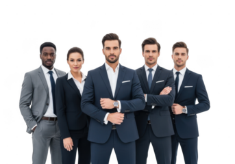 Group of confident business professionals in suits isolated on transparent background