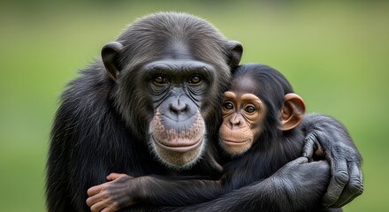 Closeup portrait of a chimpanzee mother tenderly embracing her baby, showcasing their bond and familial affection in a natural setting, wildlife photography