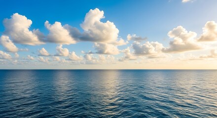 Obraz premium Calm ocean under a blue sky with fluffy white clouds, creating a serene and peaceful seascape with a sense of tranquility and vastness