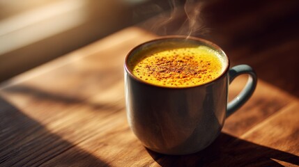 a steaming mug of a golden turmeric latte on a wooden table