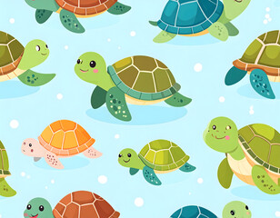 Adorable Cartoon Sea Turtle Seamless Pattern