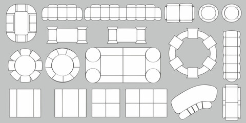 Collection of top down furniture layouts and seating arrangements for interior design planning