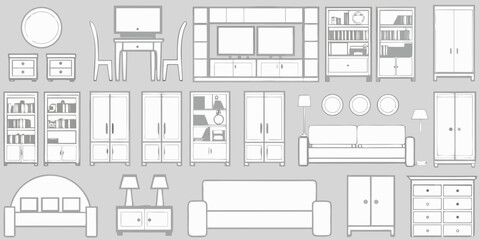 Collection of minimalist line art furniture icons for interior design and home decor concepts