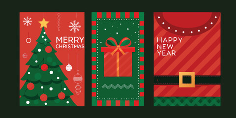 Festive christmas and happy new year greeting cards featuring a decorated tree gift box and santa suit elements