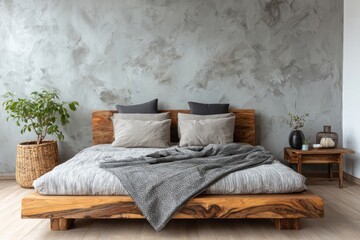 Serene bedroom with a natural wood bed and textured gray wall.
