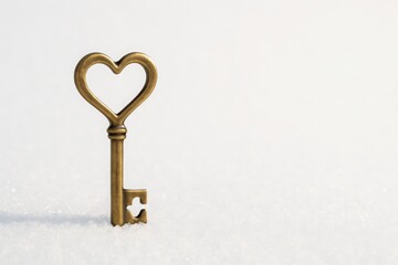Vintage brass heart-shaped key standing upright in snow on clean white background with copy space, minimalist winter concept symbolizing love choice access and new beginnings