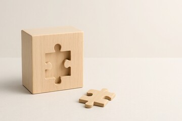 Minimalist wooden cube with puzzle piece cutout and separate puzzle part on clean beige background concept of solution integration missing piece teamwork fit with space for text