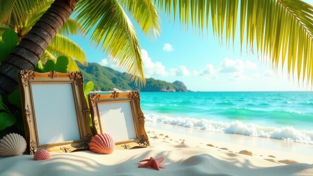 Coastal tranquility awaits with ornate frames on pristine sands, capturing seaside memories under swaying fronds and turquoise waves
