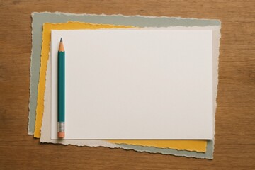 Stack of torn colored paper layers with clean white sheet on top and pencil on the side, symbol of transformation and depth, minimal textured layout with copy space for branding and business use
