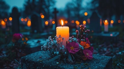 Candle on grave, twilight cemetery.  Flowers, crosses, soft light