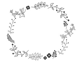 モノクロ　手描きナチュラル葉っぱや木の実が並んだ丸いフレーム素材