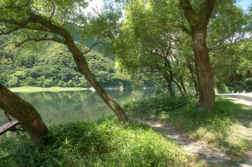 Cruising on Shimanto River and Blue Summer Sky in Kochi Prefecture, Shikoku, Japan