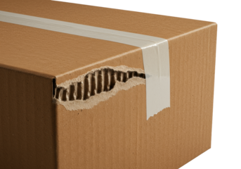 Macro close-up of torn brown cardboard shipping box, white packing tape, fibrous texture, on transparent, dramatic studio light focus on texture