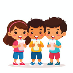 Fototapeta premium Three cheerful children enjoying a refreshing drink, smiling and holding cups.