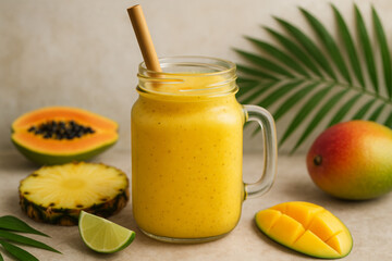 A vibrant and delicious tropical smoothie made with fresh mango, pineapple, and papaya, perfect for a healthy lifestyle