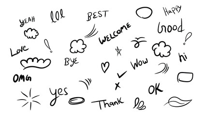 Hand drawn, doodle elements isolated on white background. doodle swash black line stroke, circle and arrow sign, stars, sparkles. vector illustration