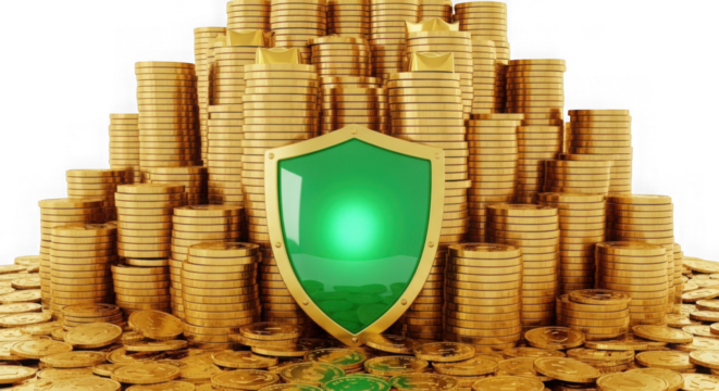 Gold coins with green shield protection isolated on transparent background