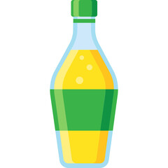 Transparent glass bottle with yellow liquid and green label design isolated on white background clean and simple vector illustration
