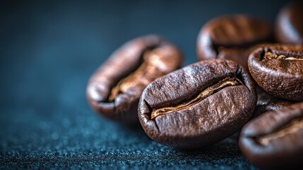 Fototapeta premium Close-up of roasted coffee beans. Dark, rich beans clustered together, in focus, on a dark textured surface. Shallow depth of field