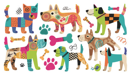 Colorful artistic dog collection featuring different breeds and bone treats in a playful composition perfect for cheerful designs and projects filled with canine joy