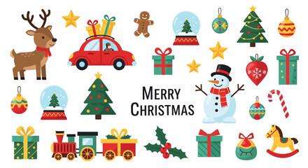 Fototapeta premium Festive Christmas Holiday Cartoon Elements Snowman, Gifts, and Reindeer