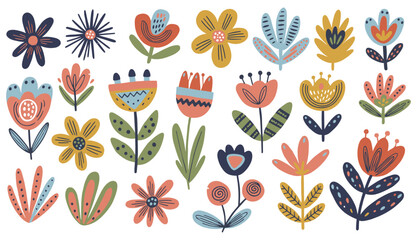 Whimsical floral pattern on white background featuring various stylized flowers and leaves, perfect for textile design or a cheerful spring themed backdrop with playful floral