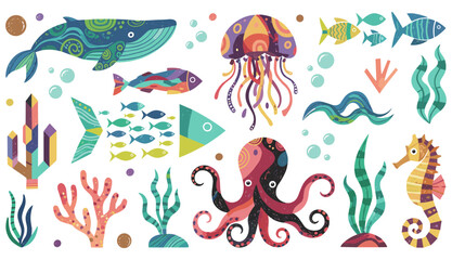 Colorful sea creatures graphic design elements featuring whale jellyfish seahorse octopus and fish marine life concept with coral and abstract seaweed isolated on white