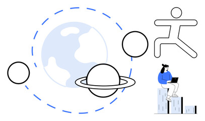 Earth, orbiting planets, Saturn-thumbs up ring, human figure, laptop user. Ideal for technology, creativity, exploration education futurism growth global ideas. Minimalist design as a simple flat © robu_s