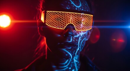 Cyberpunk portrait with glowing honeycomb glasses and blue light projections on face