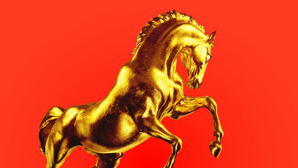 Galloping golden horse on red background