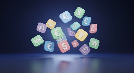 Floating Colorful Currency Symbols In Soft Cubes Over A Dark Blue Background

