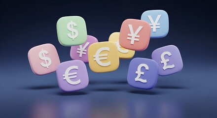 Floating Colorful Currency Symbols In Soft Cubes Over A Dark Blue Background

