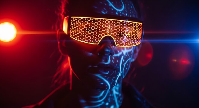 Cyberpunk portrait with glowing honeycomb glasses and blue light projections on face
