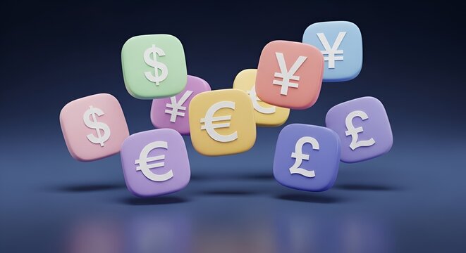 Floating Colorful Currency Symbols In Soft Cubes Over A Dark Blue Background

