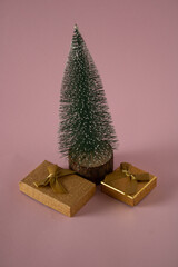 Two golden presents under the green Christmas tree