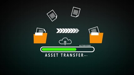 Digital asset transfer progress bar with files and folders transferring via cloud data transfer technology 4k video