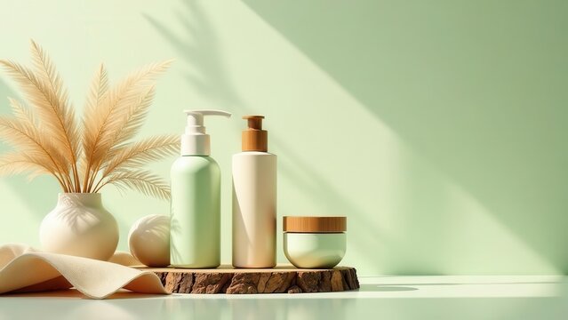 serene spa scene with minimalist skincare bottles and natural dried grasses creating a calming aesthetic for self care and wellness routines