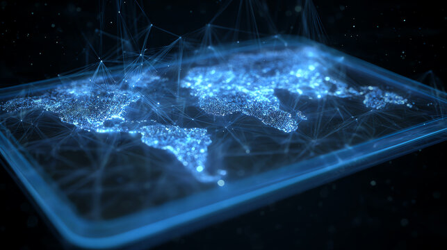 A blue illuminated world map connected by glowing lines, representing global communication and digital connections in technology. - Powered by Adobe