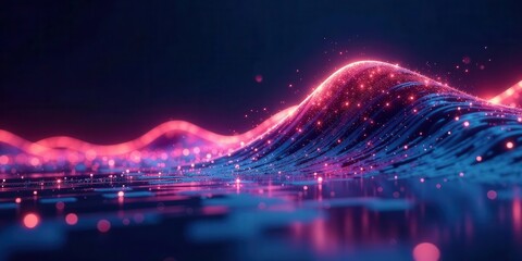 Fototapeta premium Vibrant neon illuminated digital waves and particles flowing and swirling across a dark reflective surface creating an abstract artistic representation of data transmission and energy