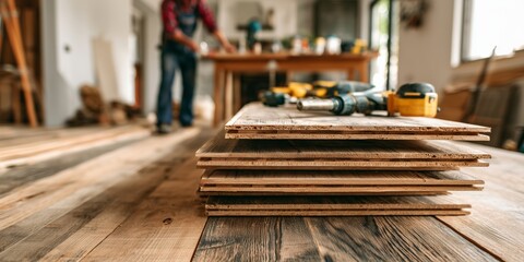 Wooden planks stacked neatly for flooring installation in a cozy home interior during a renovation project