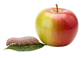 Worm crawls on leaf near apple, nature's cycle
