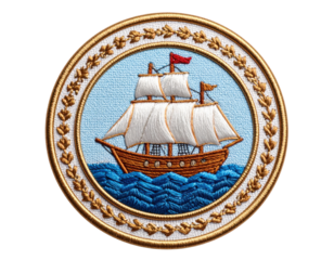 Detailed Ship Emblem with Sails and Red Flags on Blue Waves.