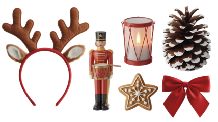 Diverse Christmas decoration collection featuring reindeer antlers, toy soldier, pine cone, gingerbread, and festive bow isolated on transparent background.