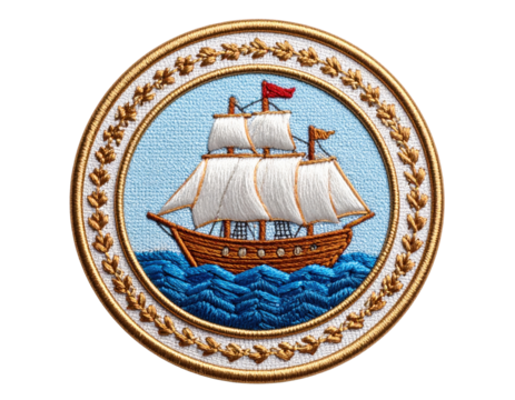 Detailed Ship Emblem with Sails and Red Flags on Blue Waves.