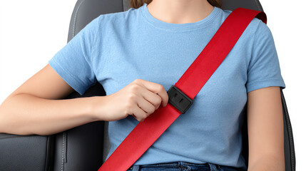 A close-up image of a woman fastening her seatbelt, emphasizing safety and responsible driving practices.