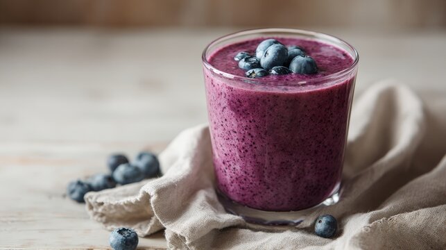 a vibrant purple smoothie garnished with blueberries